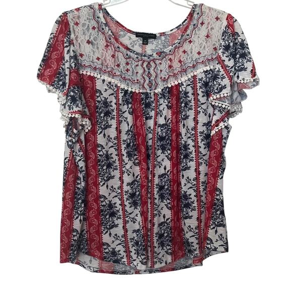 SIGNATURE STUDIO SHORT SLV PULL-OVER RND NECK, WOMENS, 22/24-RED WHITE BLUE FLOR - Picture 1 of 11